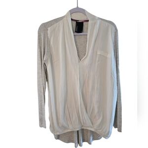 Dolan Womens Long Sleeve V Neck Draped Shirt Top White Gray Size Medium
